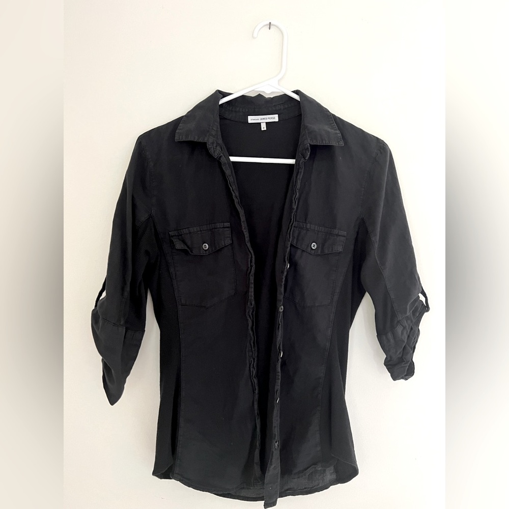 James Peres Apparel | Black Button Down 3/4 Length | Color: Black | Size: S